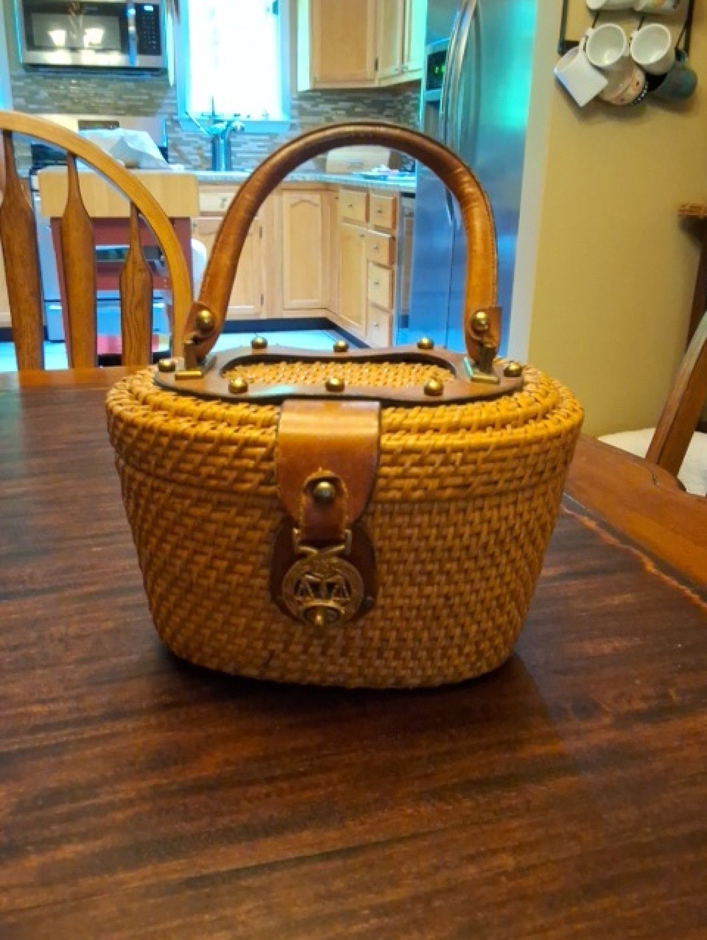 Vintage John Romain Woven Straw Basket Handbag with Leather Trim - Tan